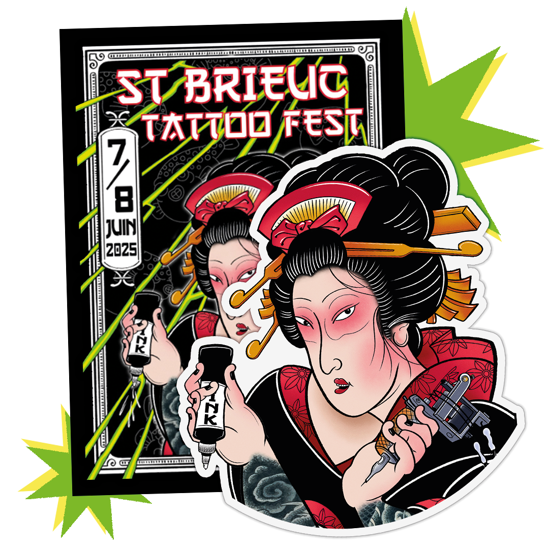 St Brieuc Tattoo Fest 2025 -juliste ja muotoonleikattu tarra, jossa geisha pitelee mustetta ja tatuointikonetta