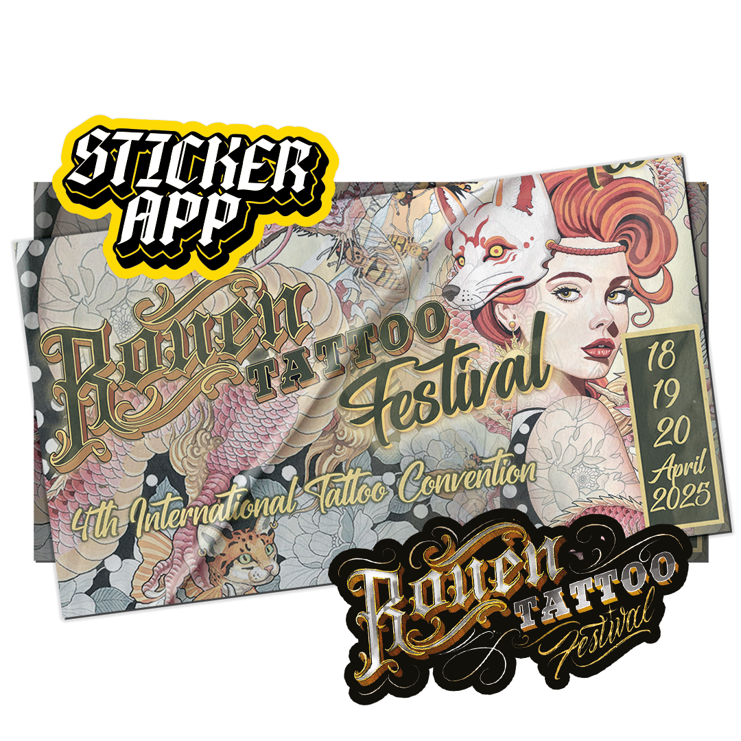 Rouen Tattoo Festival 2025 -juliste, StickerApp-tarra ja festivaalin kultainen logotarra