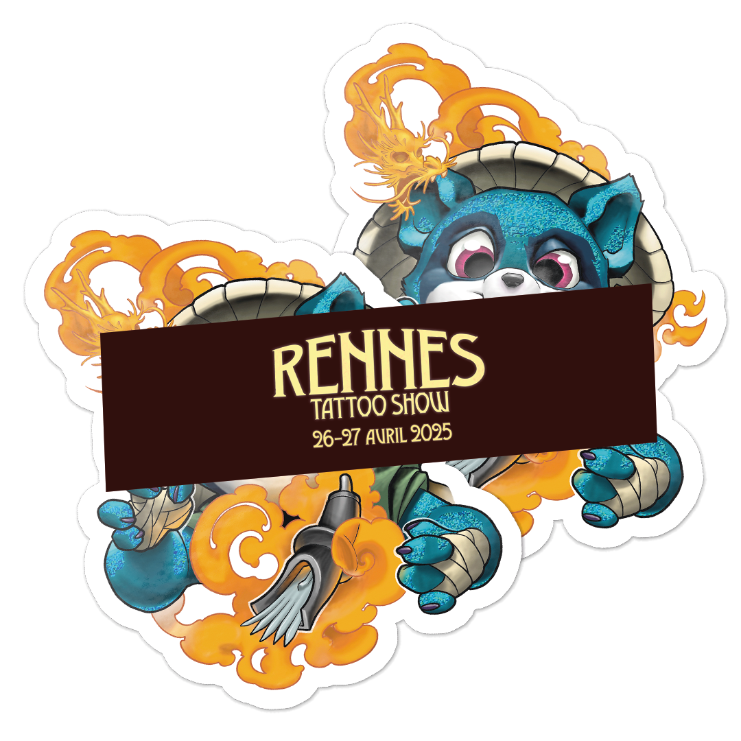 Rennes Tattoo Show 2025 -muotoonleikattu tarra, jossa sininen pesukarhu, kultaiset lohikäärmeet ja tatuointikone