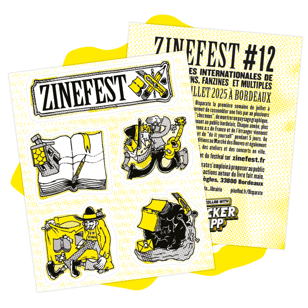 ZINEFEST Bordeaux -tarra-arkki zine-aiheisine kuvituksineen festivaalin flyerin vieressä