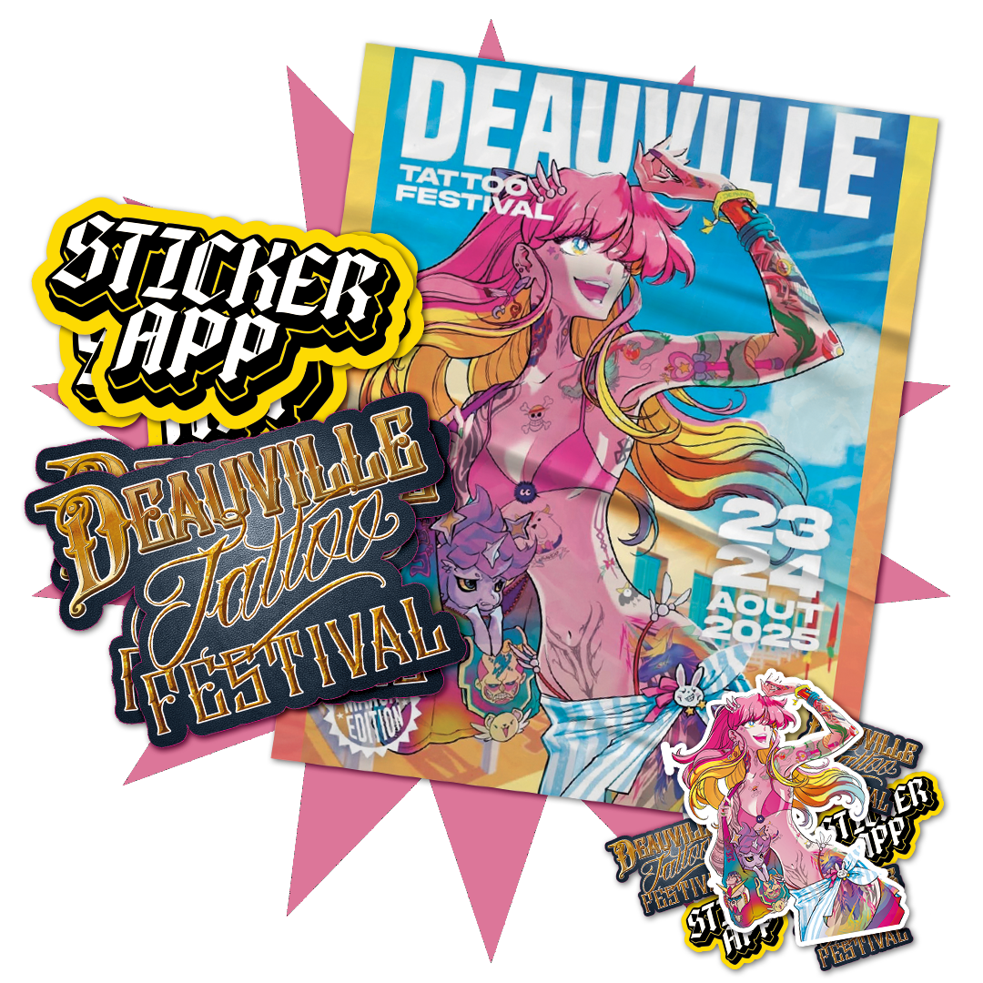 Deauville Tattoo Festivalin juliste, jossa tatuoitu anime-tyylinen nainen ja StickerAppin yhteistyötarroja