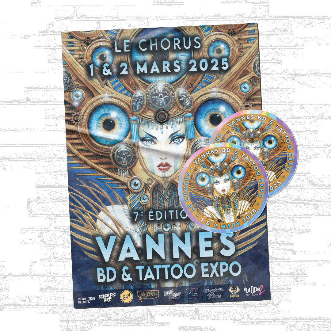 Vannes BD & Tattoo Expo 2025 -juliste ja siihen sopivat pyöreät hologrammitarrat