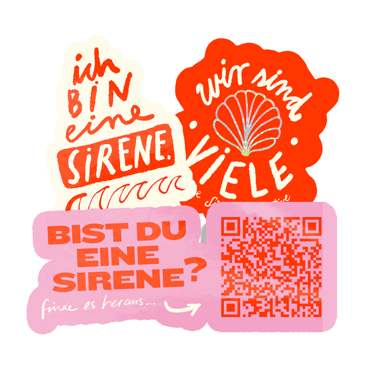 Kollaasi Sirens Collectiven vinylille ja glitterille painetuista muotoon leikatuista tarroista