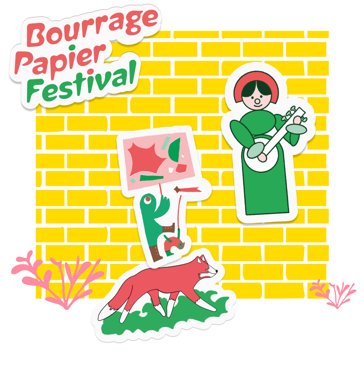Bourrage Papier Festivalin tarrat, joissa kettu, banjonsoittaja ja kylttiä pitelevä hahmo keltaista tiiliseinää vasten