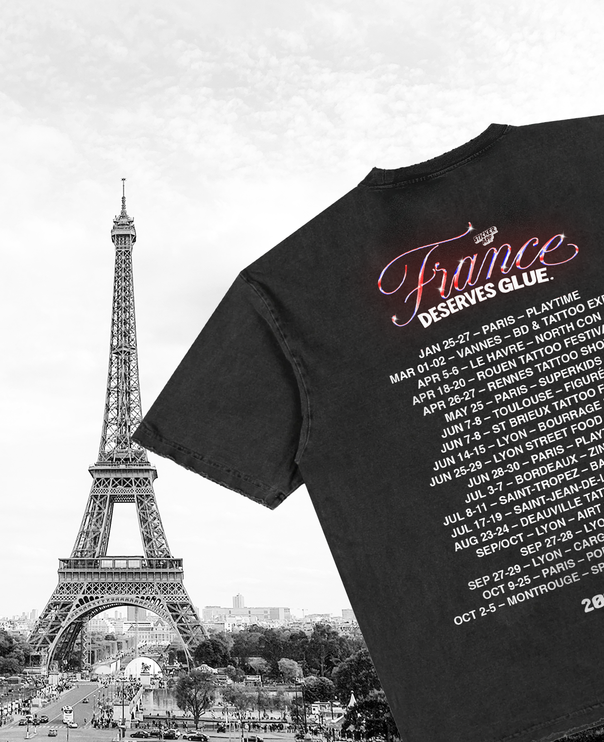 Eiffel-torni ja musta "France Deserves Glue" -kiertuepaita vuoden 2025 tapahtumapäivillä, mobiiliversio