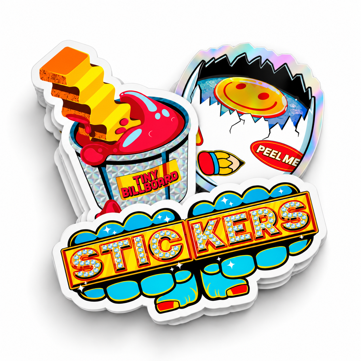 Stickers with different effects, prismatic, holographic and white vinyl.