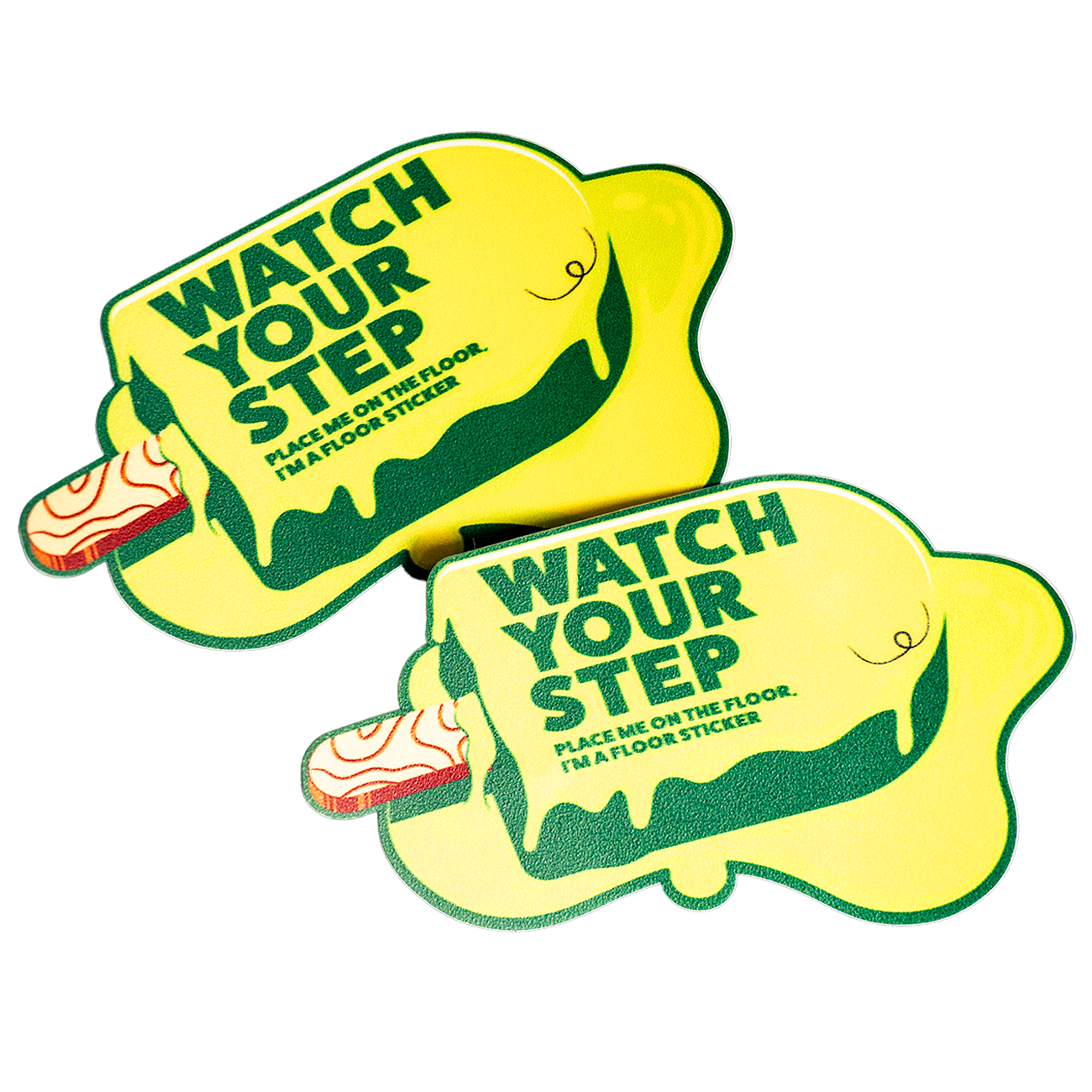 Die-cut floor stickers with a melted ice cream and the text "watch your step"