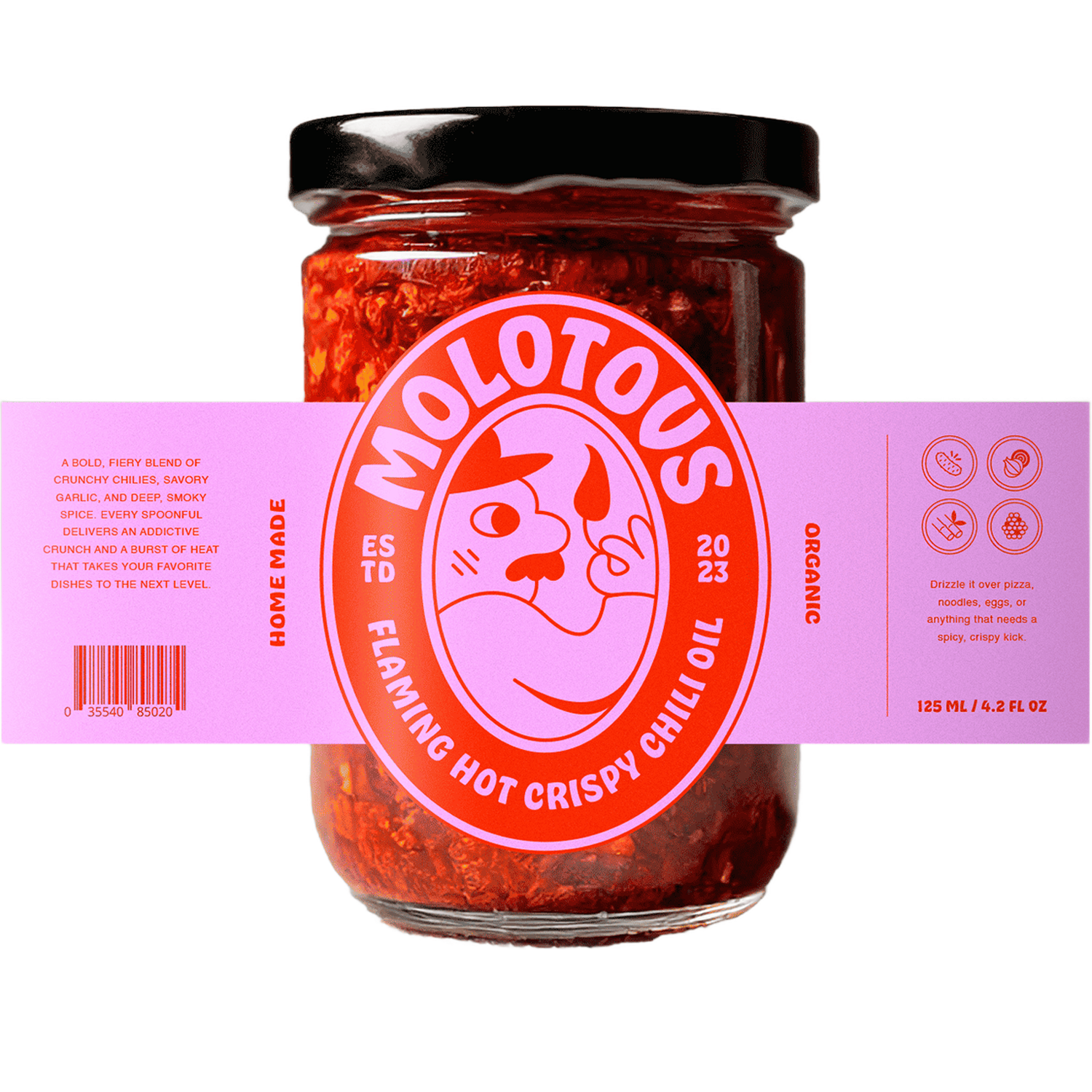 Lasipurkki Molotous Flaming Hot Crispy Chili Oil -chiliöljyä, ympärillä vaaleanpunainen ja punainen oma etiketti
