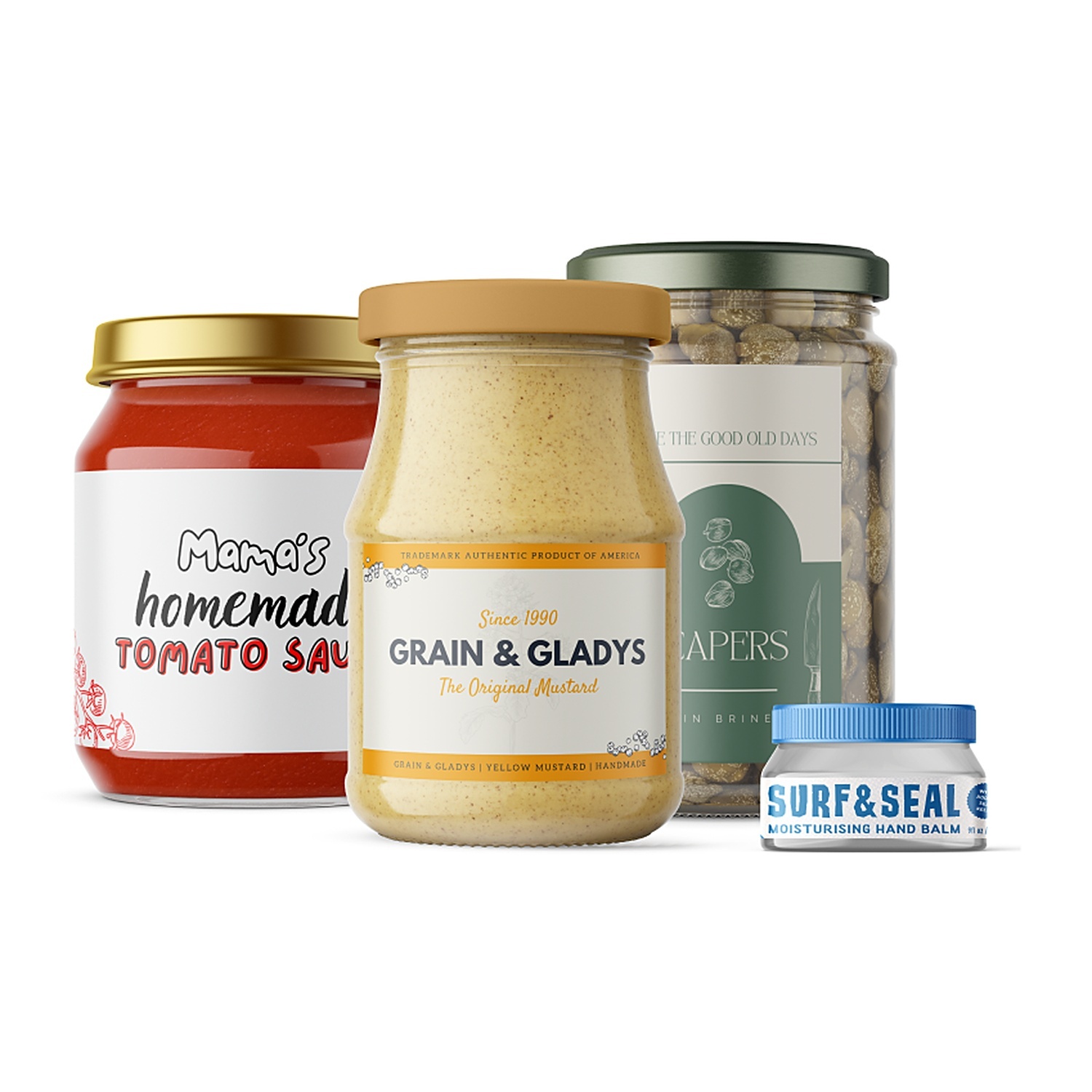 Omat etiketit purkeissa: "Mama's homemade tomato sauce", "Grain & Gladys" -sinappi, kaprikset ja "Surf & Seal" -käsivoide