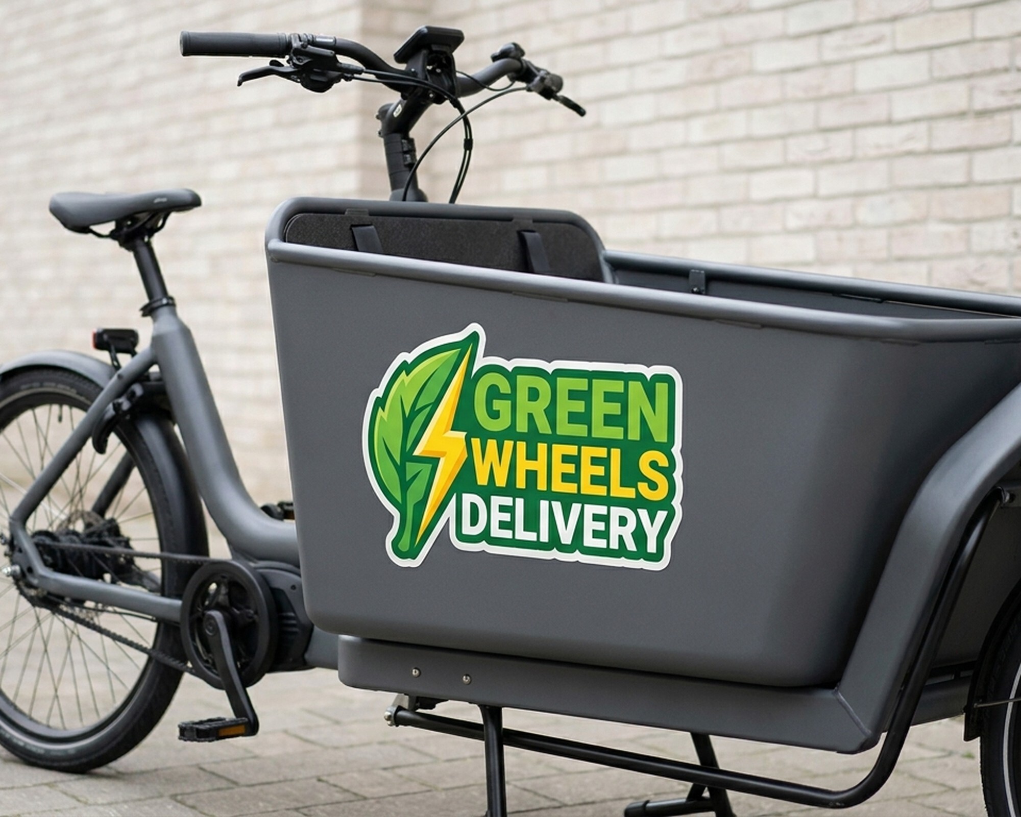 Muotoon leikattu oma dekaali, jossa lehti- ja salamalogo sekä teksti "Green Wheels Delivery", tavarapyörän laatikossa