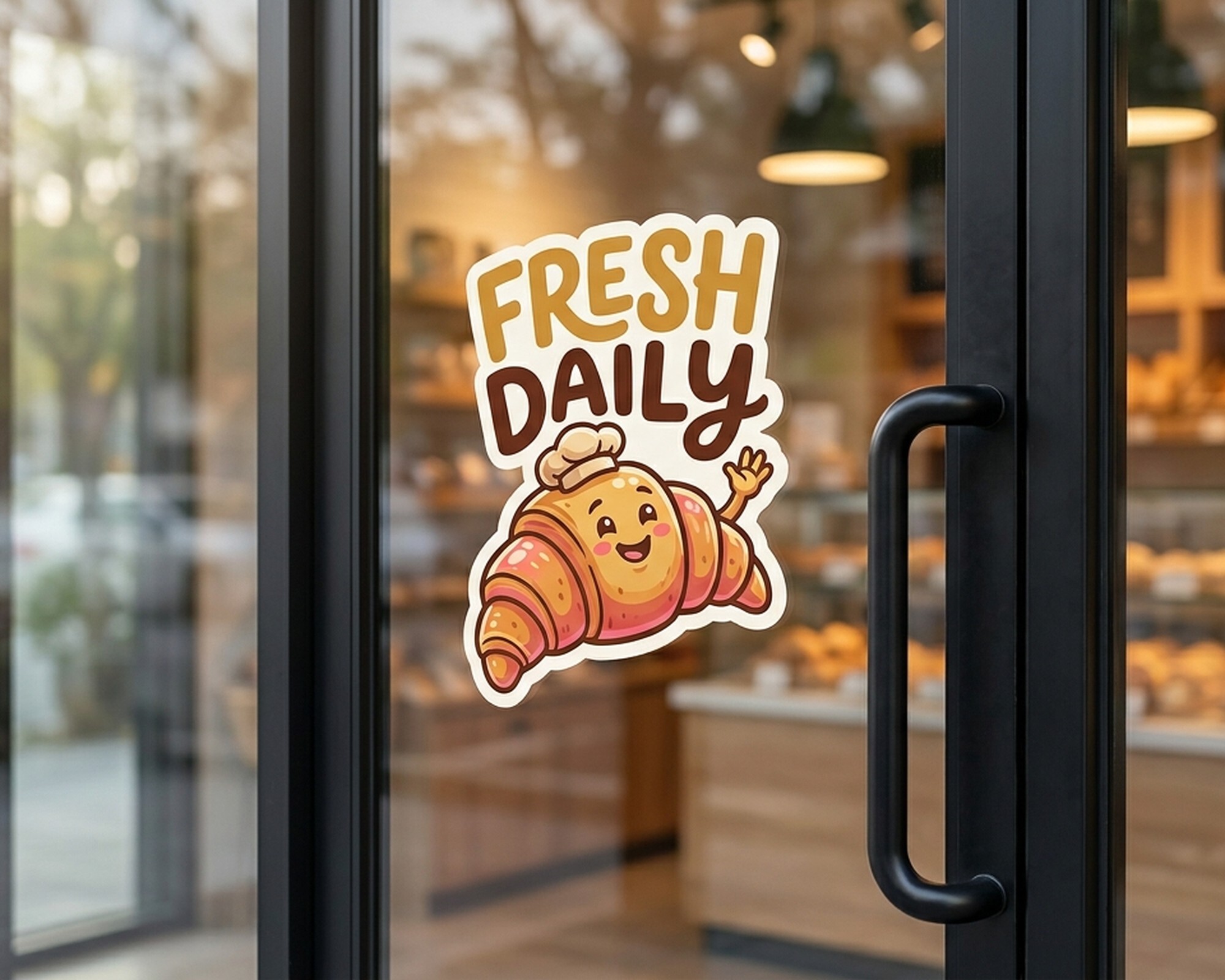 Muotoon leikattu oma dekaali, jossa hymyilevä croissant ja teksti "Fresh Daily", leipomon lasiovessa