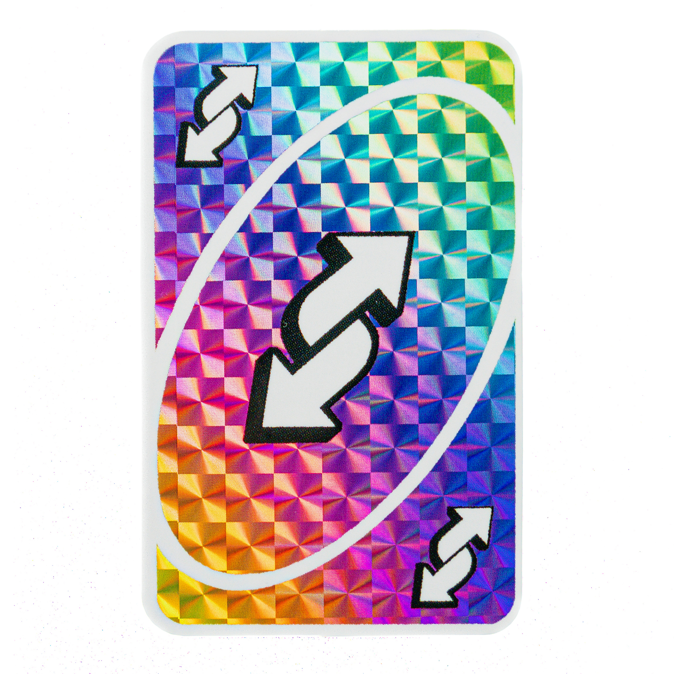 A reverse card from a popular card game, with a colorful rainbow gradient.