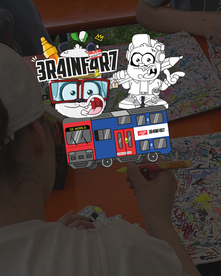 Brainfart x StickerApp -tarrakuvitus, jossa sarjakuvahahmoja S8 World -junan päällä ja taustalla festivaalin piirustustyöpaja