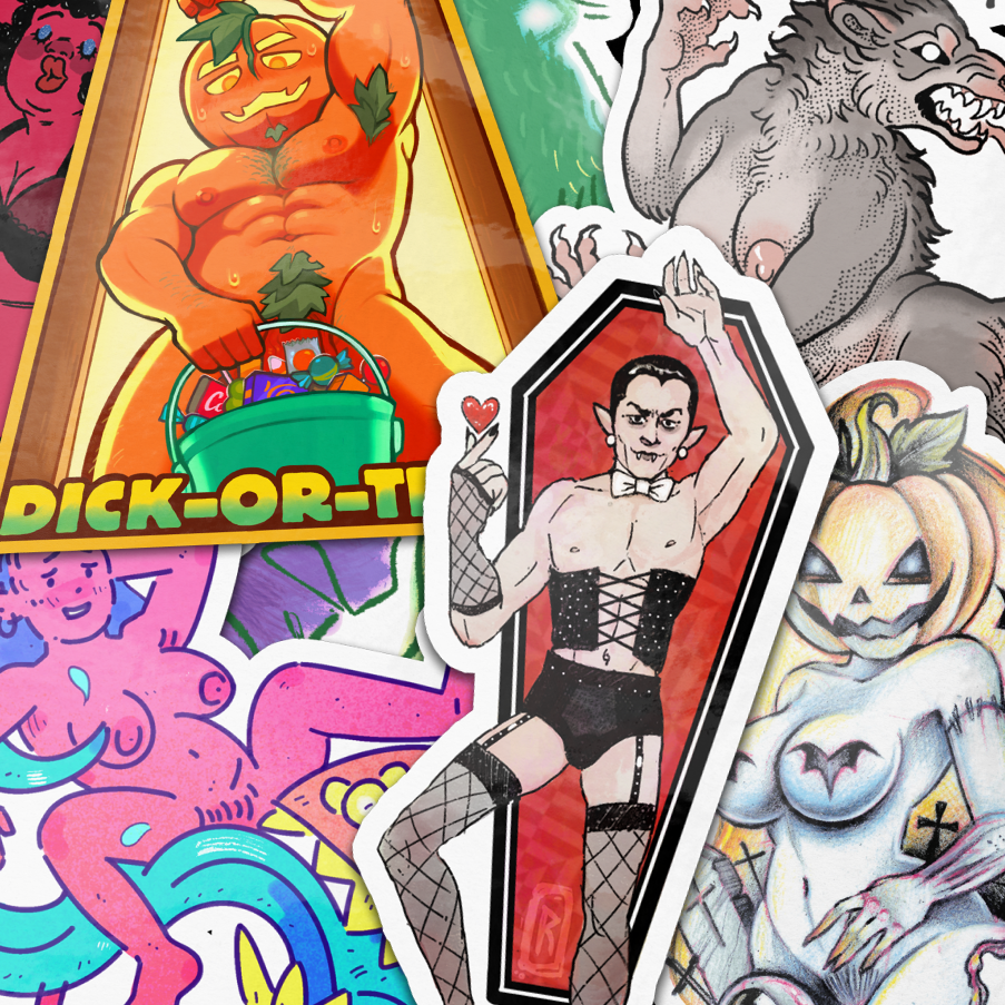 Kollaasi voittaneista NSFW-halloween-tarrasuunnitelmista, mukana muun muassa ihmissusi, korsettiin pukeutunut vampyyri, kurpitsapäinen pin-up ja ”Dick-or-Treat”