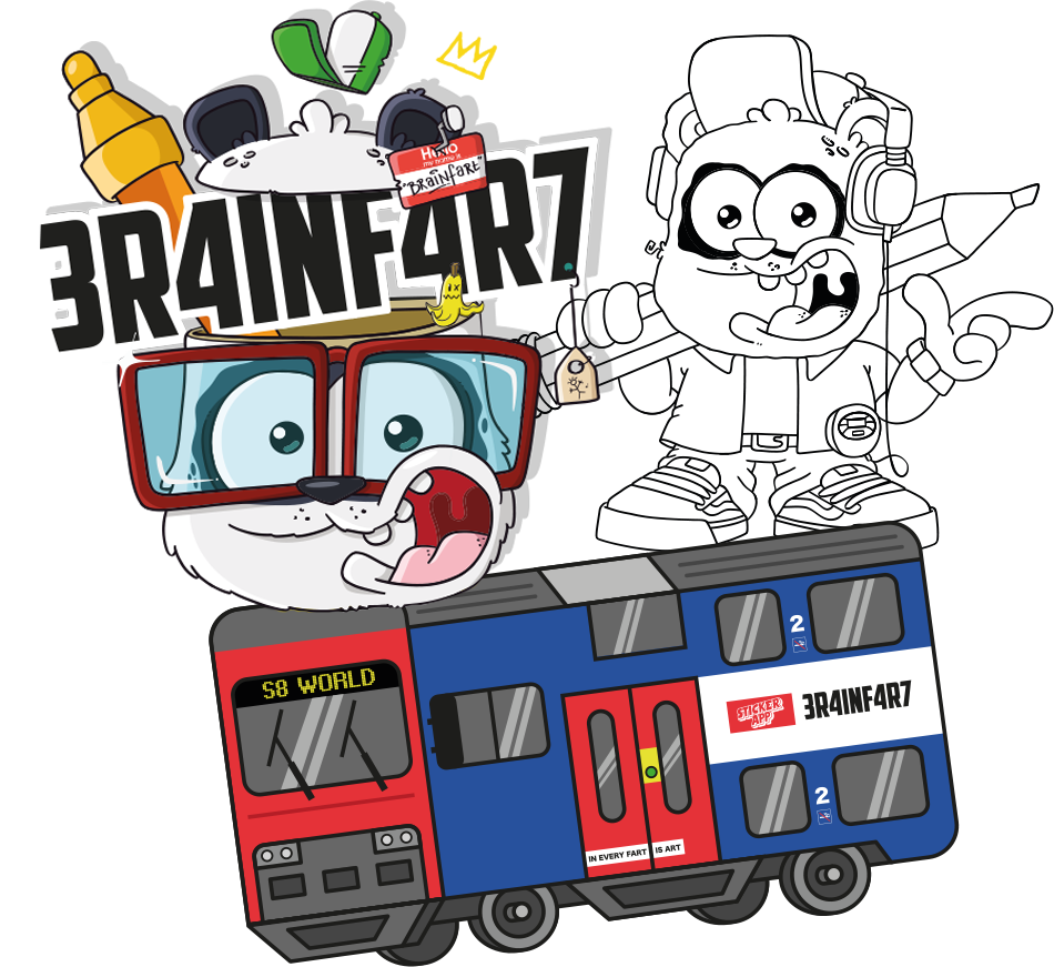 Brainfart x StickerApp -kuvitus, jossa on 3R4INF4R7-logo, kaksi sarjakuvahahmoa ja S8 World -lähijuna